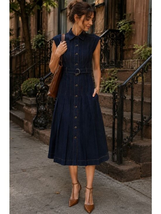 cinq a sept Dresses & Skirts - NWT Cinq a Sept Karter Pleated Belted Denim Midi Dress Size 4 Blue Indigo